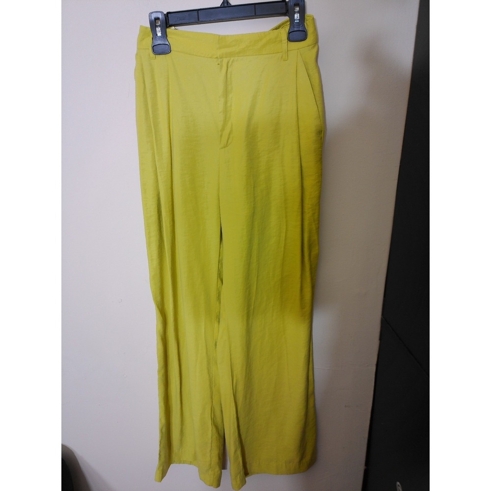 Zara Wide Leg Trousers Women Size S Yellow High Waist Textured Flowy Pant 2100